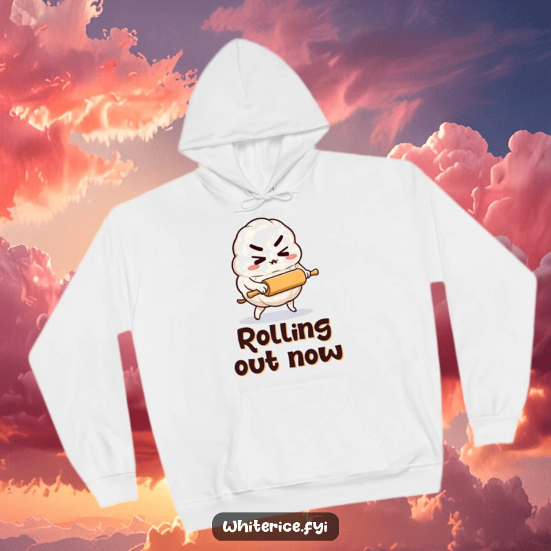 Funny hoodie with a determined rice dumpling character pushing a tiny rolling pin, perfect for cozy ambition.