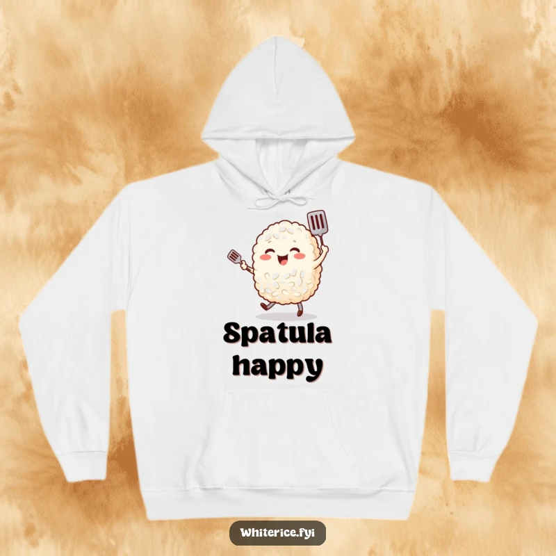 Funny, cheerful rice character dancing with a spatula, depicted on a cozy hoodie for food lovers.