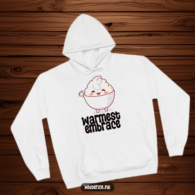 Funny hoodie featuring a delighted white rice bowl character offering a warm, inviting gesture, perfect for cozy, hospitable wear.
