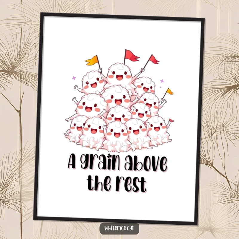 Funny Free Printable wall art: a smiling pile of white rice characters cheers and waves tiny flags, fun decor.