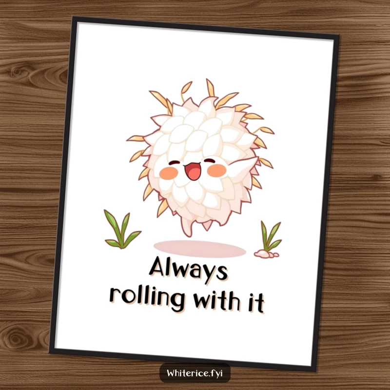 Funny Free Printable Wall Art: Animated white rice grain performing a playful somersault, bringing energetic fun to any room.