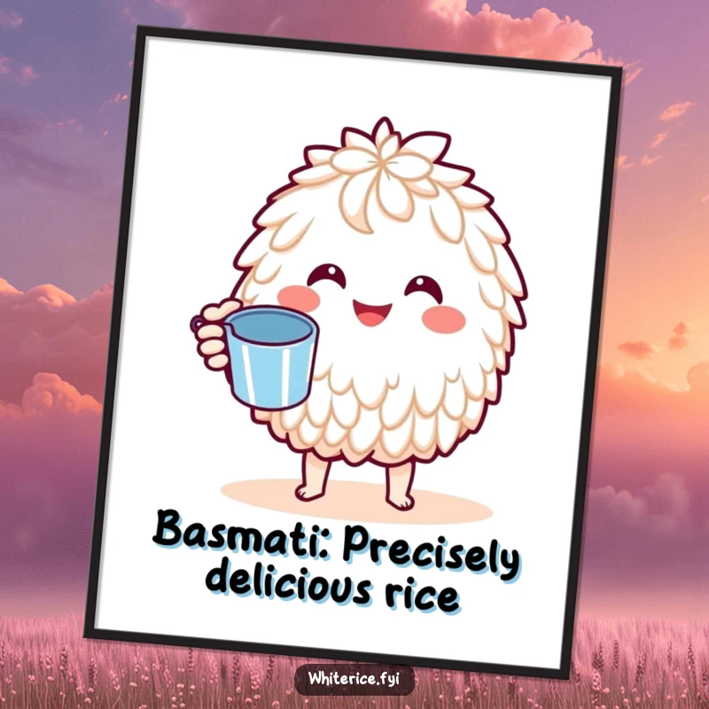 Funny Free Printable Wall Art: A cheerful Kawaii basmati rice character holding a tiny measuring cup, looking friendly.