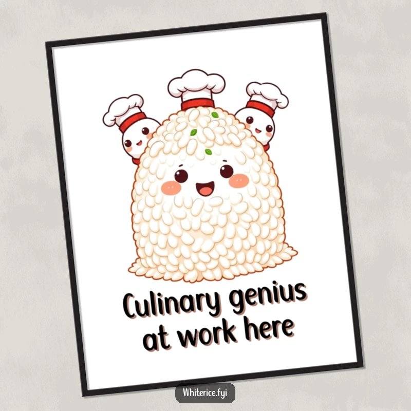 Funny Free Printable Wall Art of proud rice characters wearing miniature chef hats, exuding culinary confidence.