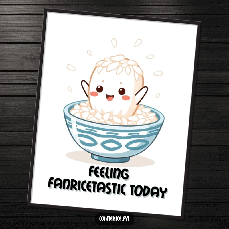 Funny Free Printable Wall Art: Kawaii white rice grain energetically leaping into a steaming bowl, bringing joy to any room.