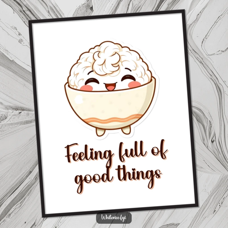 Funny Free Printable Wall Art: A delighted anthropomorphic rice bowl character beaming with ultimate satisfaction.