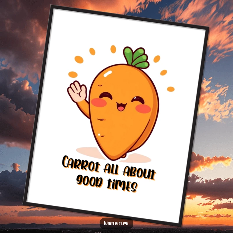 Funny Free Printable wall art of a blushing orange carrot slice character cheerfully waving while serving a perfect portion, adding a cute, funny vibe.