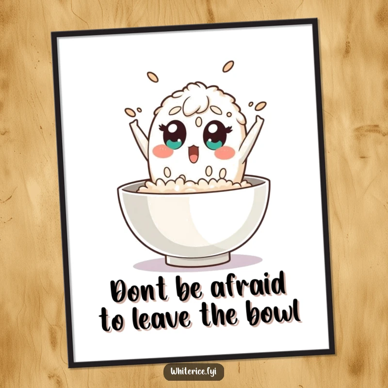 Funny Free Printable Rice Wall Art: depicting a surprised grain of rice character with wide eyes, dramatically leaping out of a bowl.