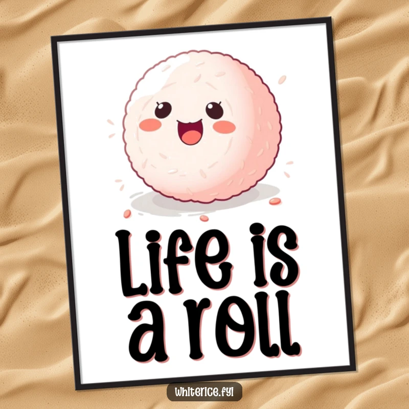 Free Printable Wall Art: A kawaii sticky rice ball captured in a delightful roll, conveying happiness and playful energy.