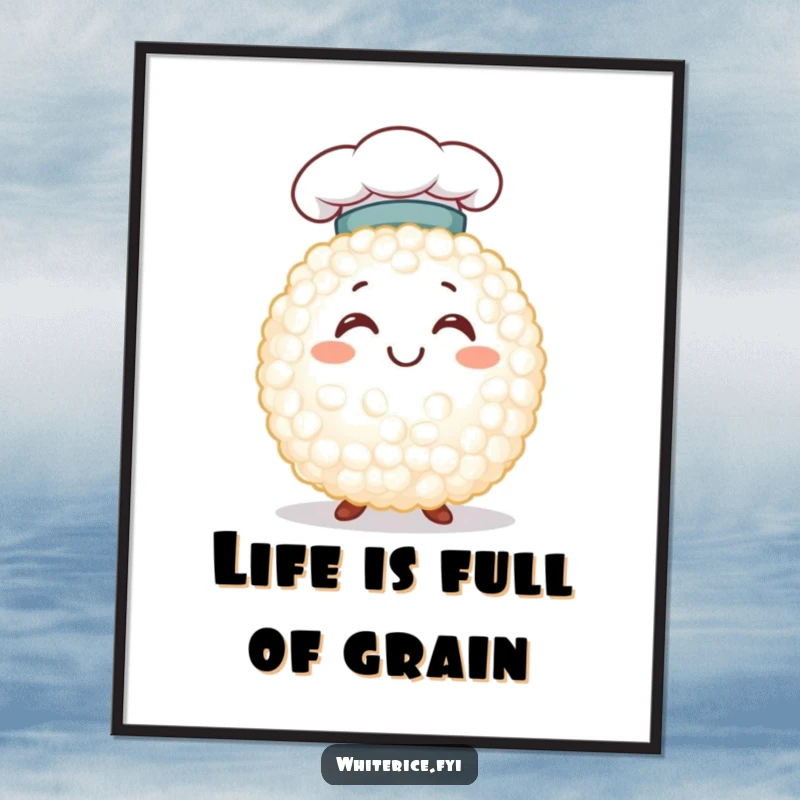 Funny Free Printable Wall Art: Smiling white rice grain wearing a tiny chef hat, adding a touch of culinary humor to your decor.
