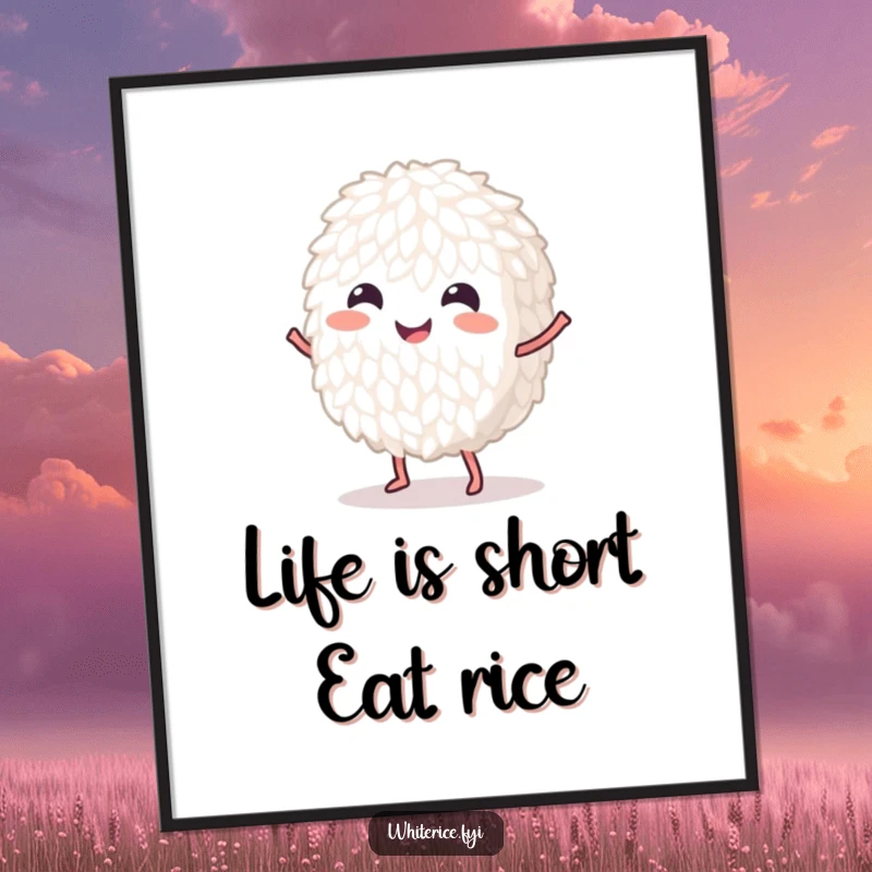 Funny Free Printable Wall Art: A smiling white rice grain captured mid-dance, adding a playful and humorous touch to any room.