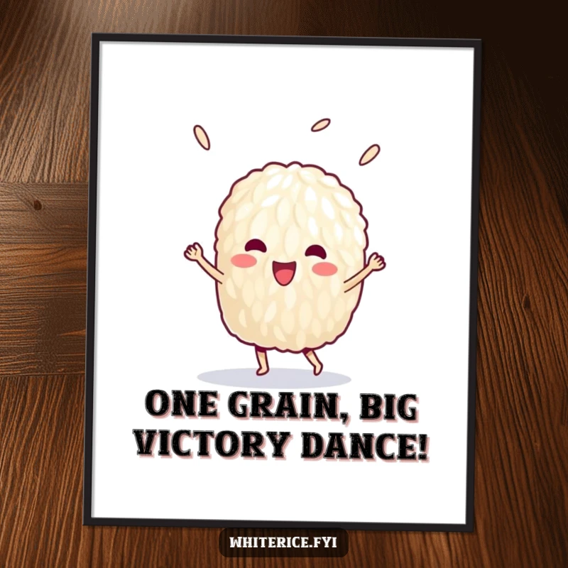 Funny free printable wall art of a delighted single grain of rice performing an energetic victory dance, full of spirit.