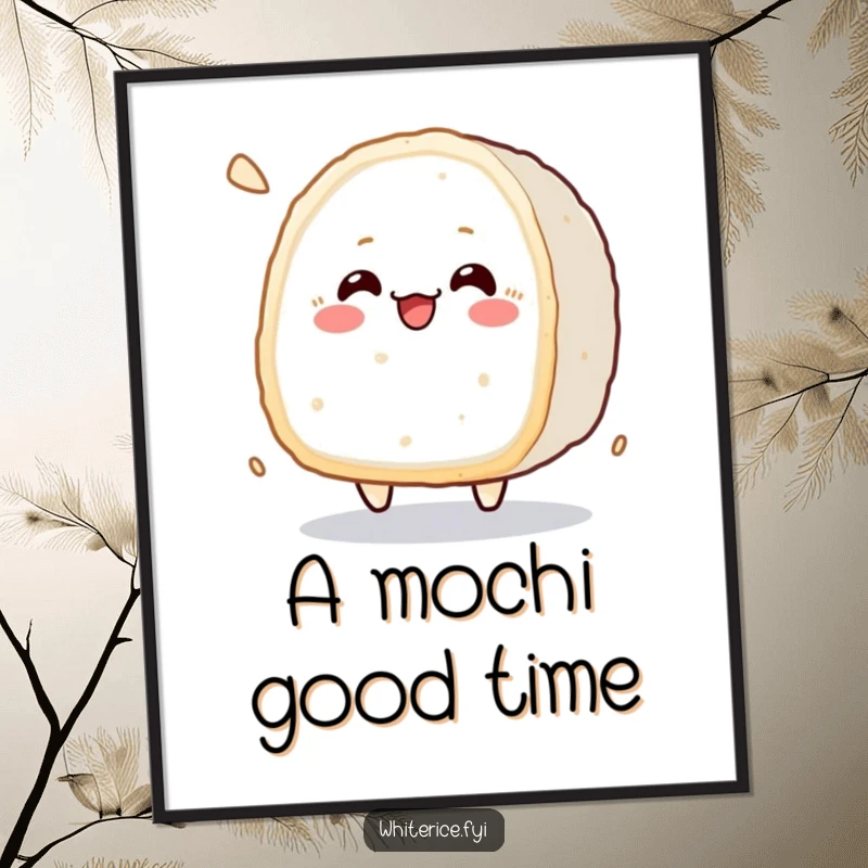 Funny Free Printable Wall Art: A charming kawaii rice cake depicted cheerfully bouncing with soft, delightful energy.
