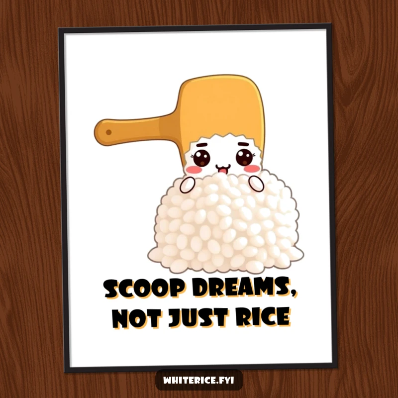 Funny Free Printable Wall Art featuring a determined rice paddle character ready to scoop a huge pile of fluffy rice.