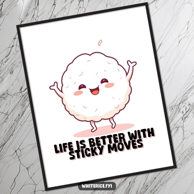 Funny Free Printable Wall Art: A happy glob of white rice dances energetically, adding a fun vibe.