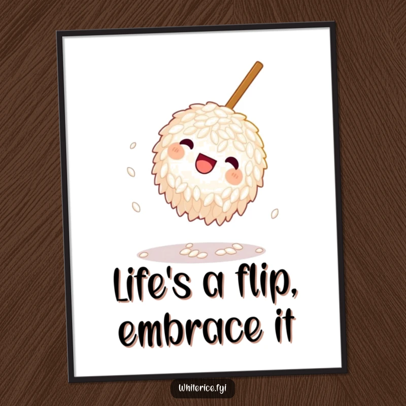 Funny Free Printable Wall Art: A playful grain of rice doing a somersault near a chopstick, adding energetic humor to any space. Downloadable art.