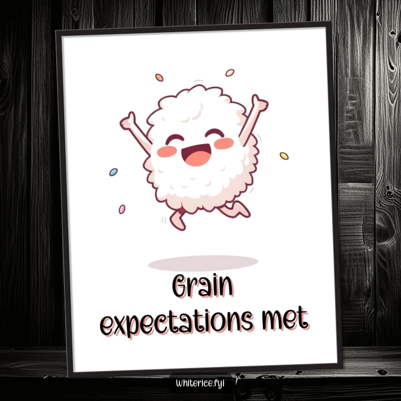 Funny Free Printable Wall Art featuring a single delighted grain of white rice performing a triumphant leap with pure joy.