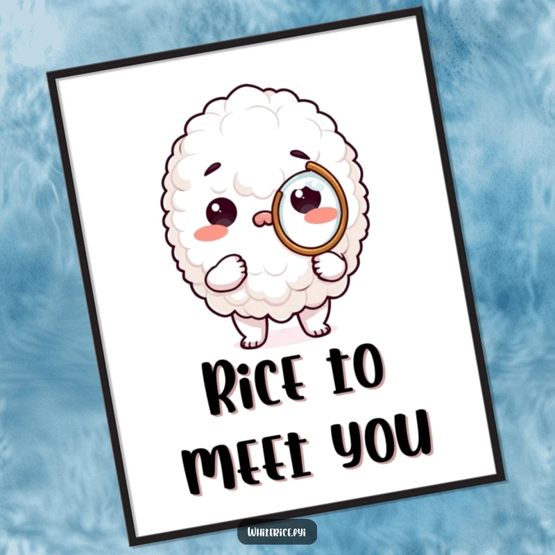 Funny Free Printable wall art of a curious white rice character peering intently through a tiny magnifying glass.