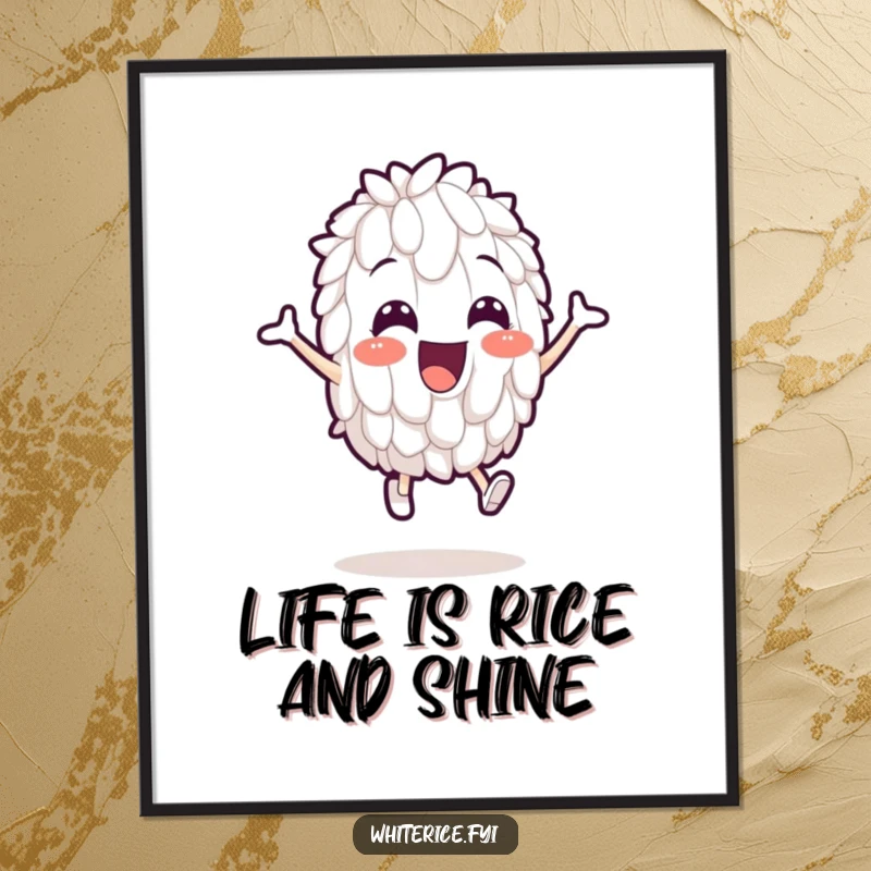 Funny Free Printable Wall Art: A single white rice grain shown in a comical leaping pose, adding downloadable humor to any room.