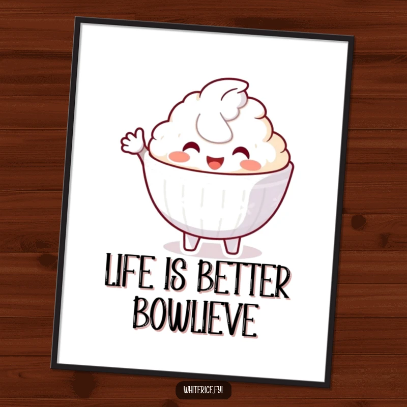 Funny Free Printable Wall Art: A delighted white rice bowl character offering a welcoming gesture, adding downloadable warmth to any room.