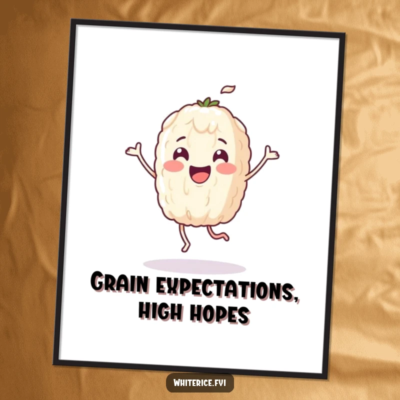 Funny Free Printable Wall Art of a happy rice grain character joyfully dancing and spreading positive vibes.