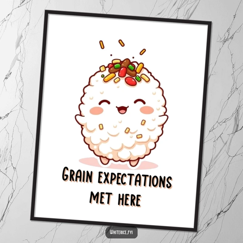 Funny Free Printable Wall Art: A happy kawaii fried rice character winking mischievously with a sprinkle of toppings.