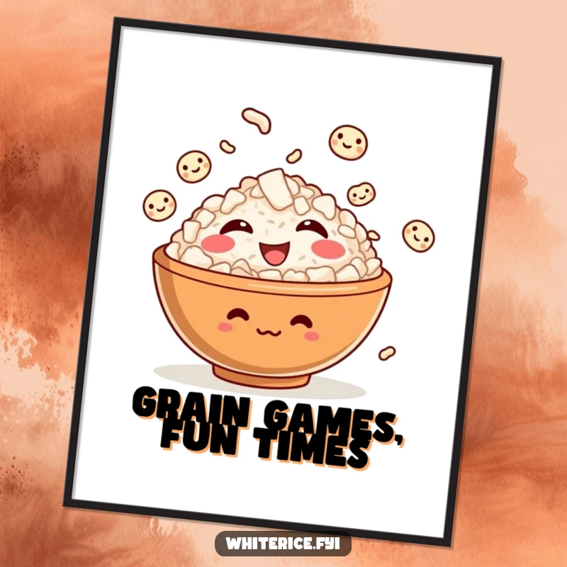 Funny Free Printable Wall Art featuring a giggling bowl of rice character skillfully juggling smiling grains of rice.