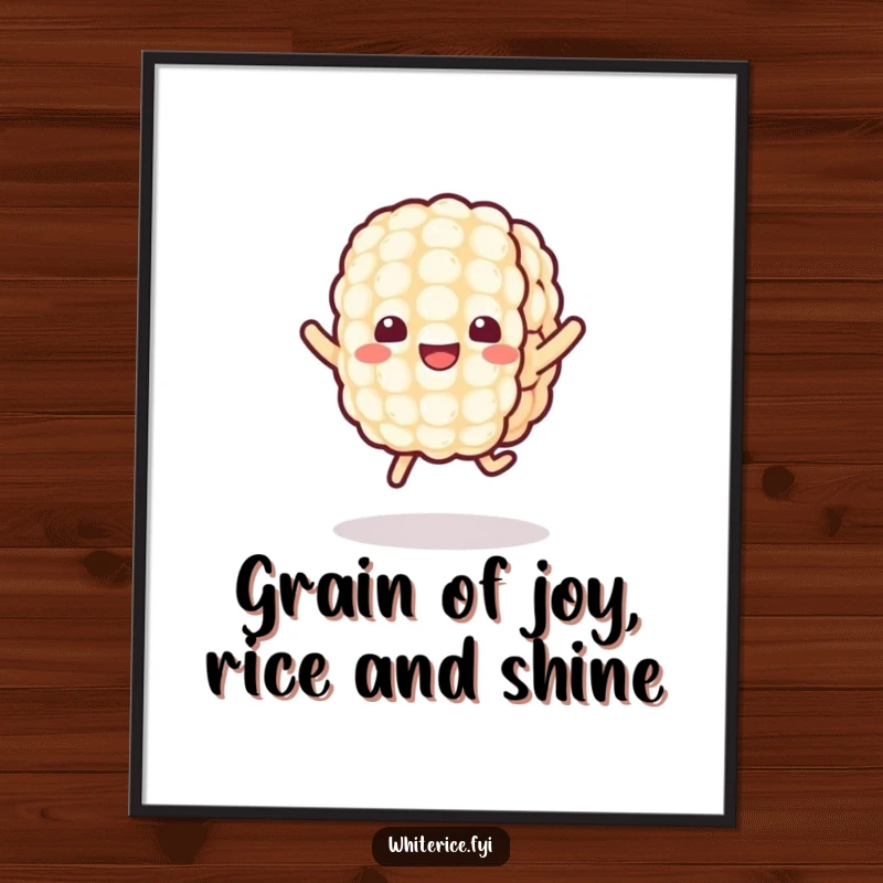 Funny Free Printable Wall Art: An energetic Kawaii grain of rice character jumping with pure delight illustration.