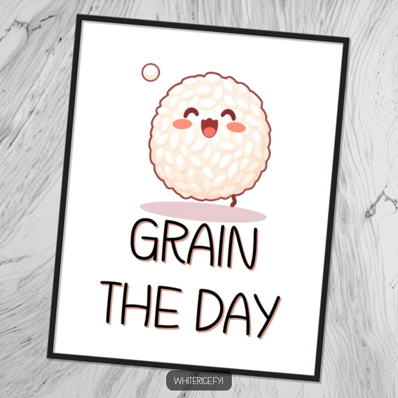 Funny Free Printable Wall Art: Happy grain of white rice joyfully bouncing a tiny ball, a playful addition.