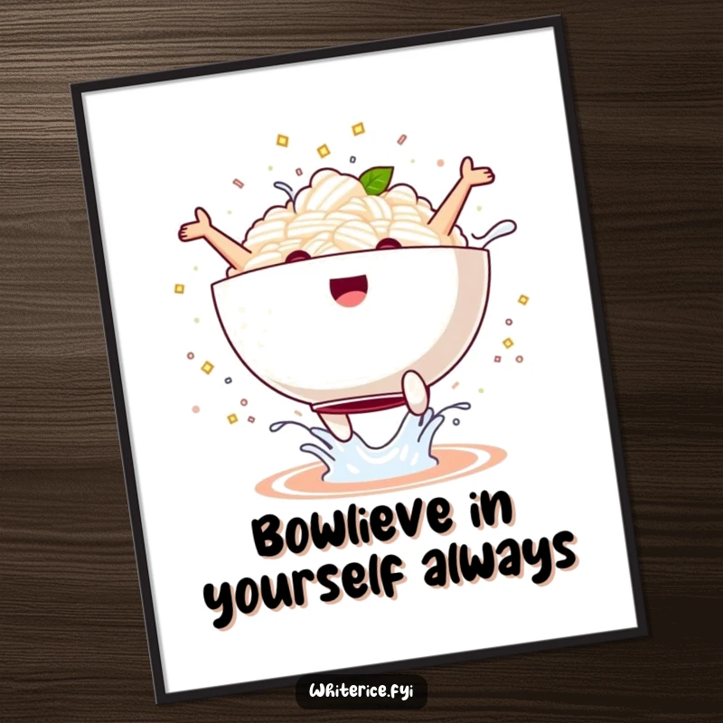 Free Printable Wall Art: A kawaii rice bowl caught mid-jump, with a delightful splash emanating, conveying pure unadulterated joy.