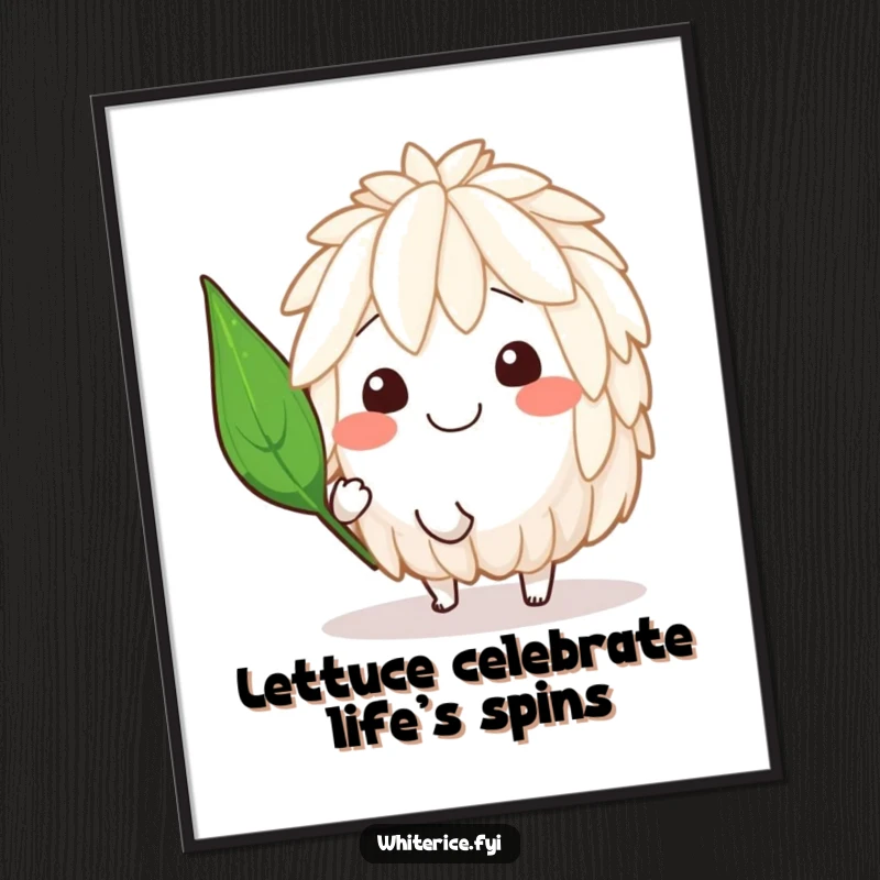 Funny Free Printable Wall Art: Whimsical rice character in a joyful spin with a jaunty leaf accessory.