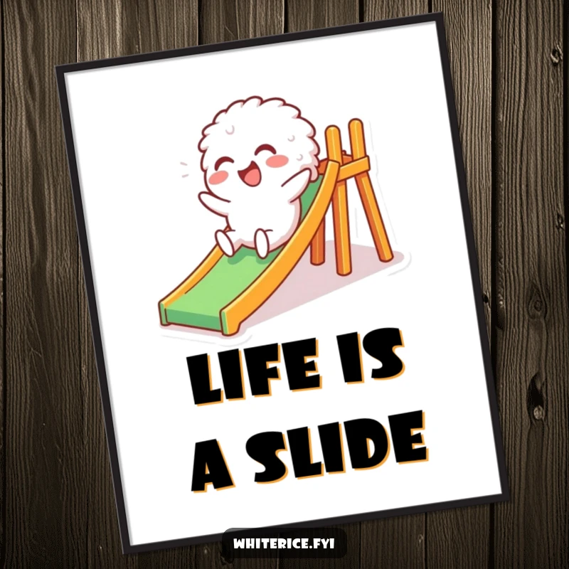 Funny Free Printable Wall Art of a giggling white rice character having a blast sliding down a miniature slide.