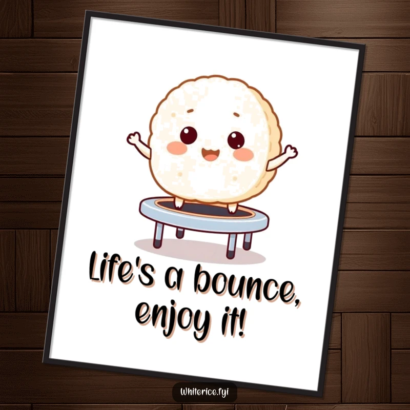 Funny Free Printable Wall Art: A happy rice cake bouncing like a trampoline, radiating joy and laughter.