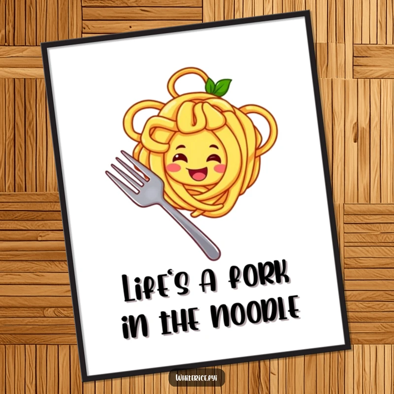 Funny Free Printable wall art of a joyful yellow noodle character twirling around a fork with a wide, happy smile, adding a playful vibe.