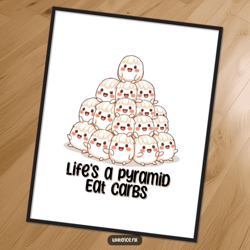 Funny Free Printable Wall Art of a cheerful, wobbly pyramid made of stacked rice characters, adding quirky charm.
