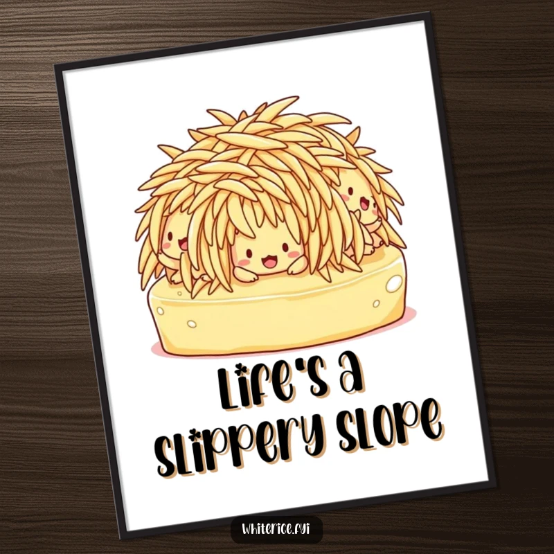Funny Free Printable Wall Art of confused rice characters in a comical heap, caught mid-slip on butter.