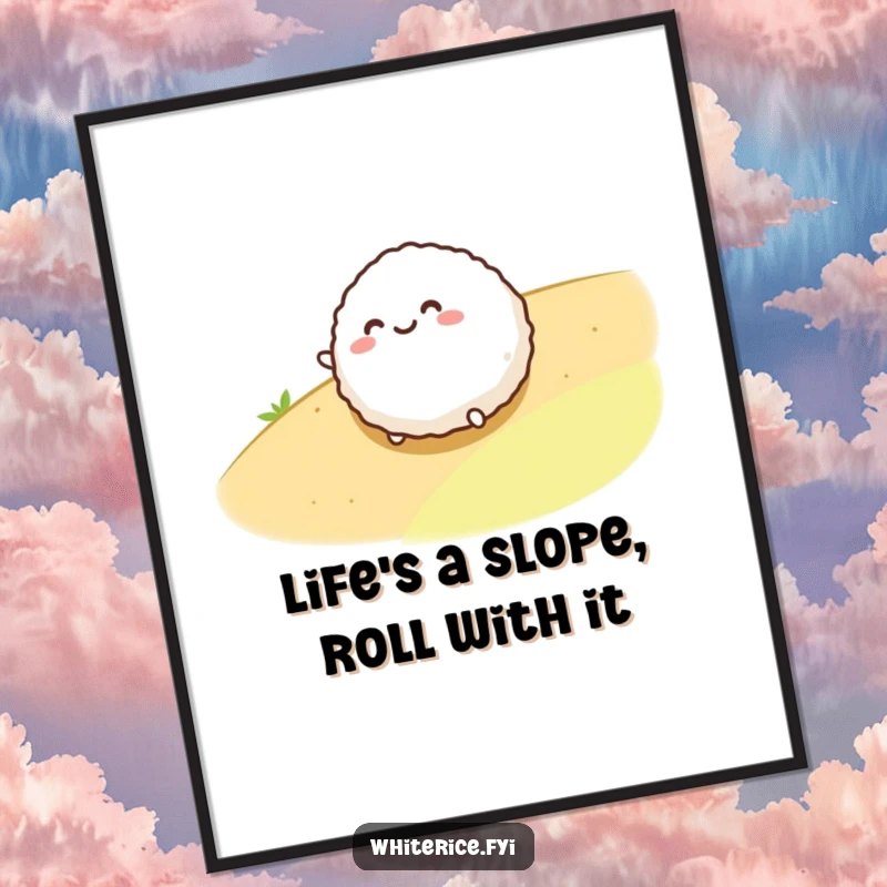 Funny Free Printable Wall Art of a happy, round rice ball character comically rolling down a hill.