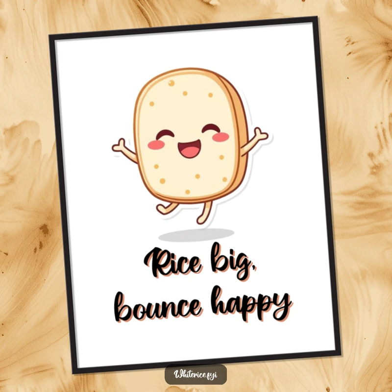 Funny Free Printable Wall Art of a happy, anthropomorphic rice cake character bouncing with uncontainable joy.