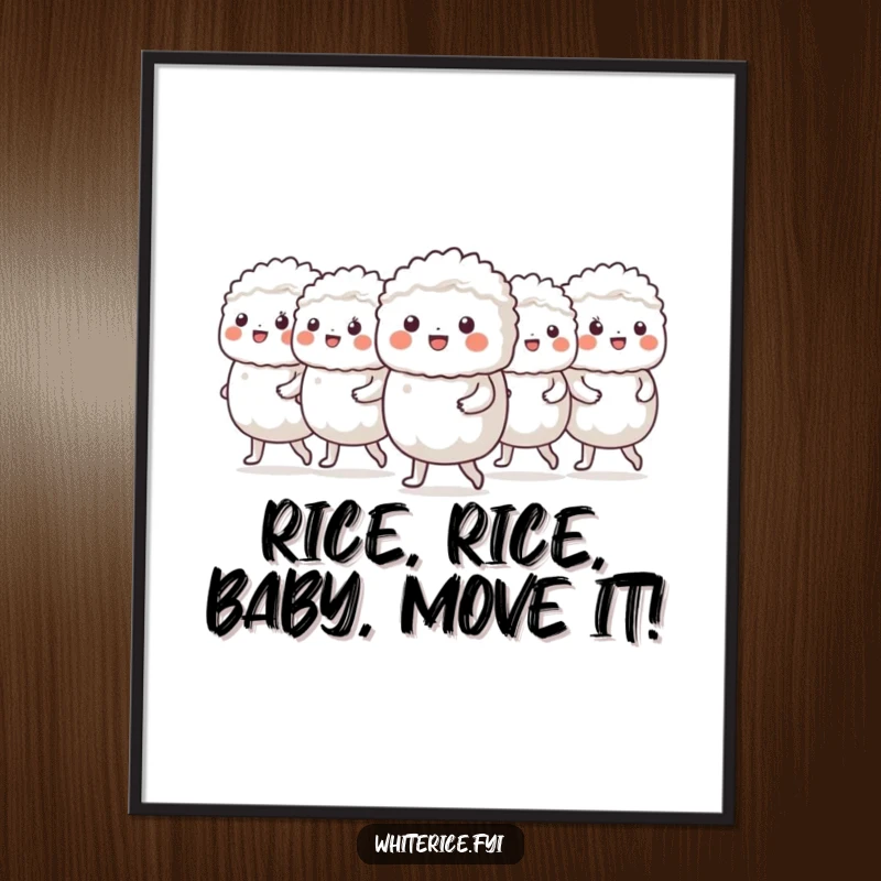 Funny Free Printable wall art: a cheerful group of white rice characters marches in a neat line, orderly fun.