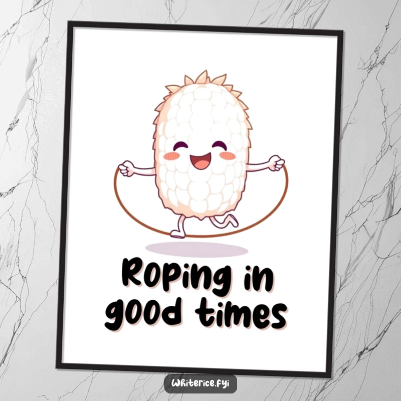 Funny Free Printable wall art: a happy anthropomorphic grain of white rice joyfully jumps rope, whimsical decor.