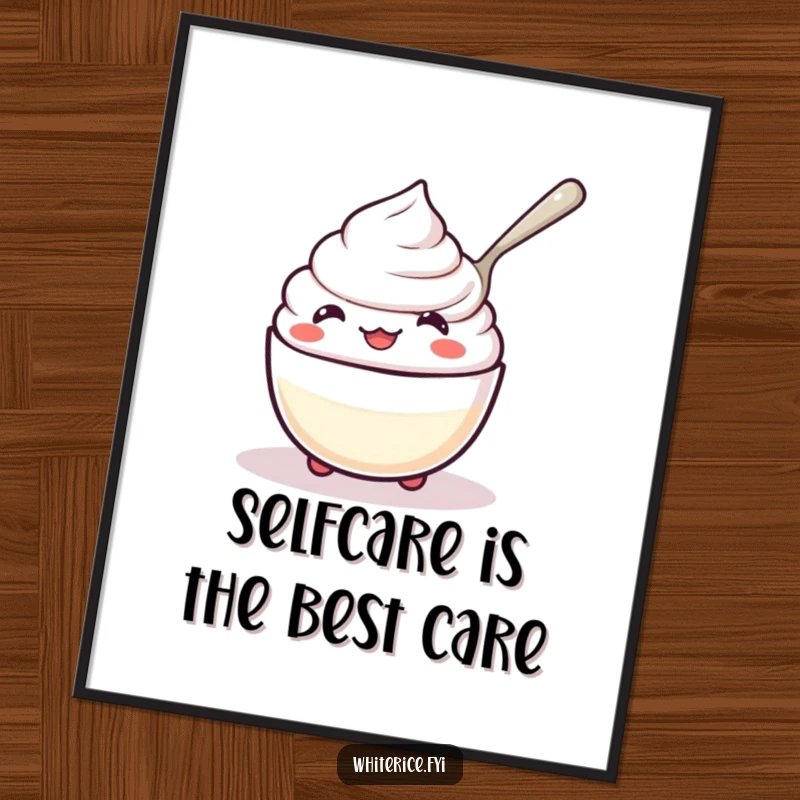 Free Printable Wall Art: A kawaii rice pudding with a joyful expression, happily spooning itself, adding whimsy to any room.