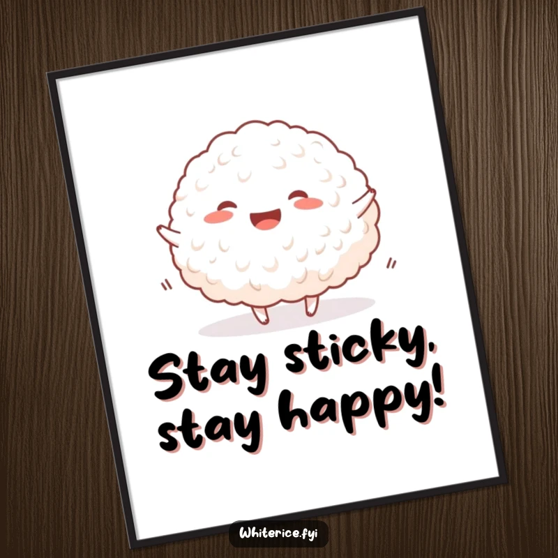 Funny free printable wall art depicting a happy mound of white rice caught in a joyful, energetic bounce.