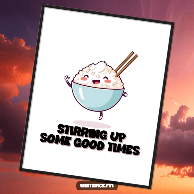 Funny Free Printable Wall Art: A happy bowl of white rice character enthusiastically dances with chopsticks.