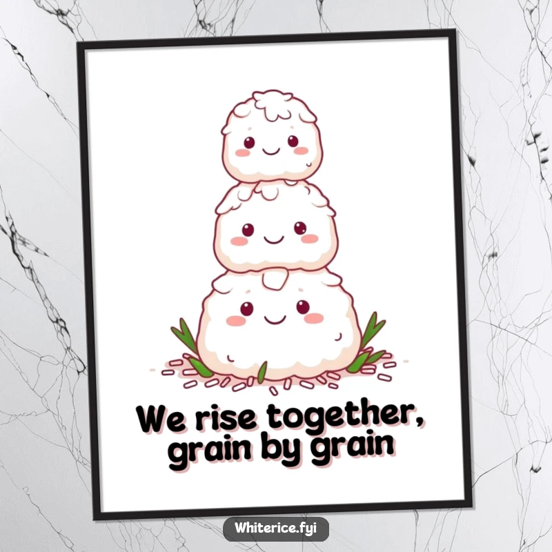 Funny free printable wall art: a happy, smiling stack of white rice characters forming a small pyramid, exuding joy.