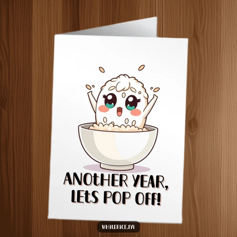Funny Free Printable Rice Birthday Card: a surprised grain of rice character mid-leap out of a bowl, eyes wide.