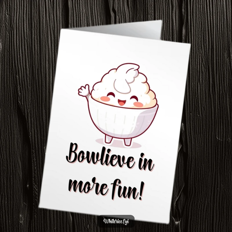 Funny Free Printable Birthday Card: A delighted white rice bowl character offering a welcoming gesture, perfect for downloadable birthday cheer.