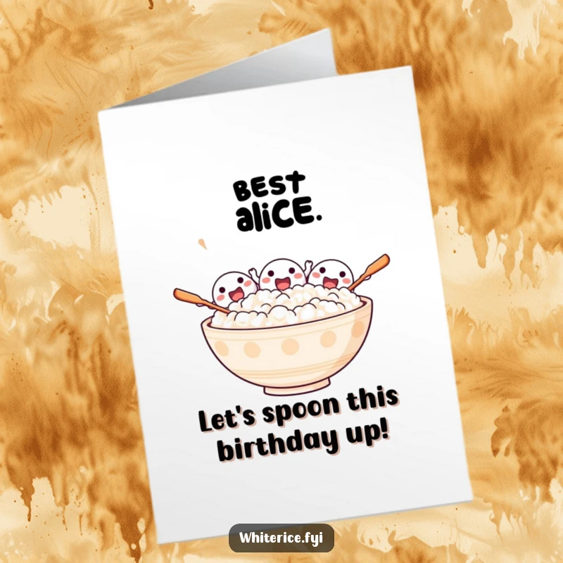 Funny Free Printable Birthday Card showing an excited bowl of rice characters cheering wildly with tiny spoons.