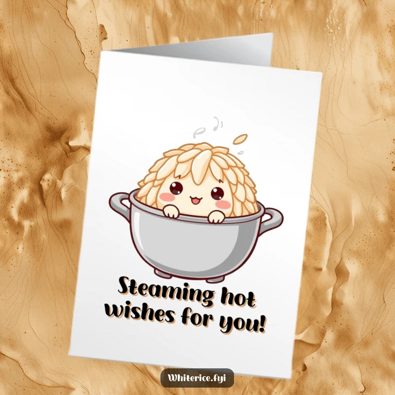 Funny Free Printable Birthday Card featuring a curious rice grain peeking from a steaming pot, ready for a birthday surprise.