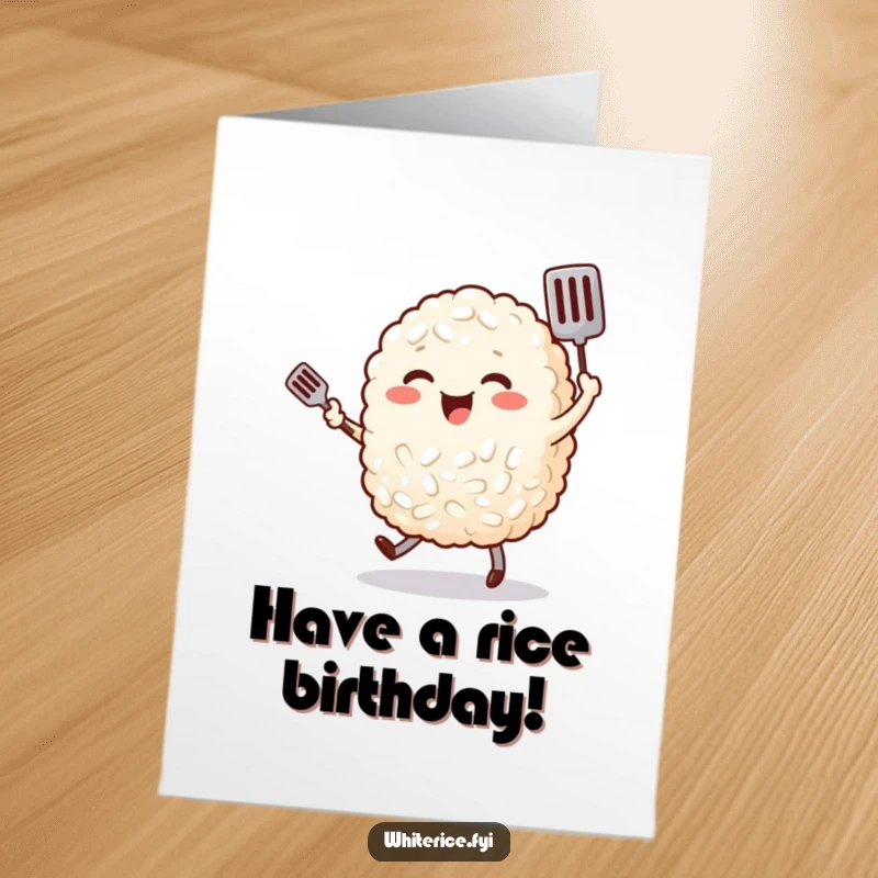 Funny Free Printable Birthday Card: Cheerful rice character happily dances with a spatula, celebrating a birthday.
