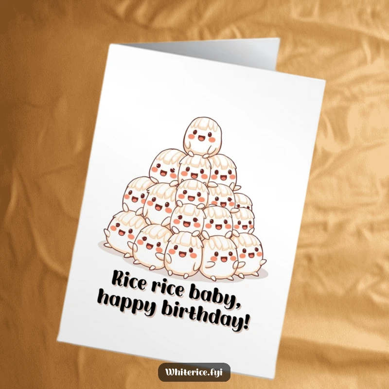 Funny Free Printable Birthday Card featuring a wobbly pyramid of cheerful rice characters stacked high for a celebration.
