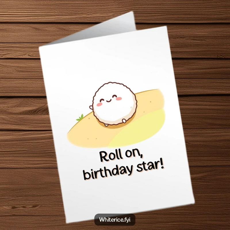 Funny Free Printable Birthday Card showcasing a joyful, round rice ball character playfully rolling down a slope.
